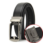 Black leather belt with silver buckle on a white background