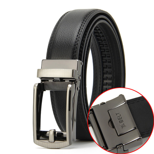 Black leather belt with silver buckle on a white background