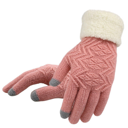 Pink knitted glove with white cuff on a white background