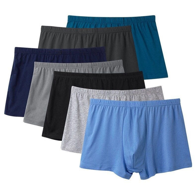 Set of men's boxer briefs in various colors on a white background