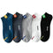 Five pairs of socks in blue, gray, white, and black with visible brand logos on a white background.