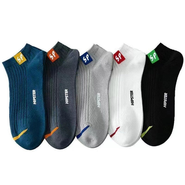 Five pairs of socks in blue, gray, white, and black with visible brand logos on a white background.