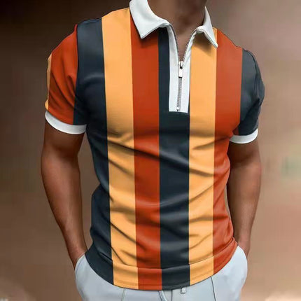 Person wearing a black and orange striped polo shirt with a blurred background