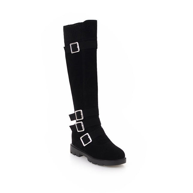 Black knee-high boot with silver buckles on a white background