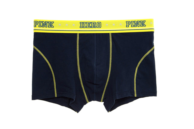 Black boxer briefs with yellow accents and 'PINK HERO' waistband on a white background