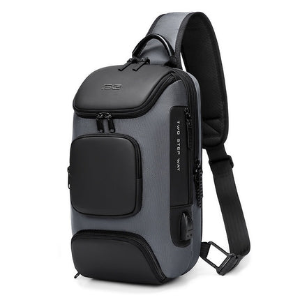 Gray and black backpack with visible branding on a white background