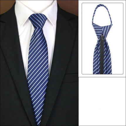 Blue striped tie with knot-free zipper feature on a mannequin and close-up inset.