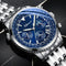 Stylish men’s watch with silver case and blue stainless steel strap, durable alloy case and mineral glass.