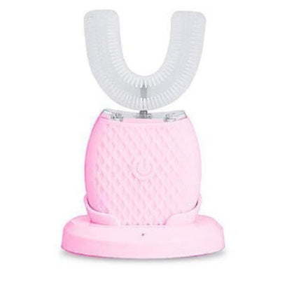 Pink dental device with white bristles