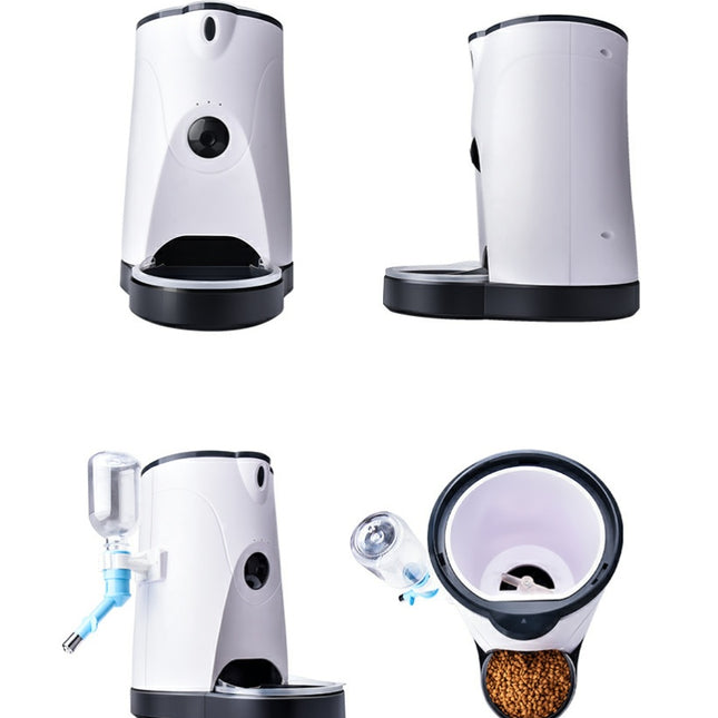 White pet feeder with black accents on a white background