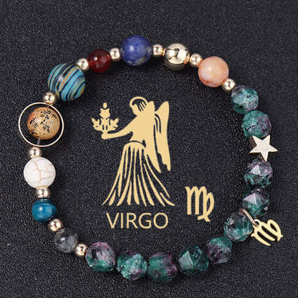 Beaded bracelet with astrological symbols on a black background with Virgo logo