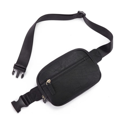 Black waist bag with a strap on a white background