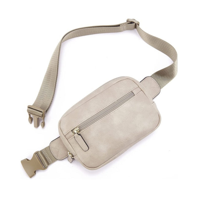 Beige waist bag with a strap on a white background