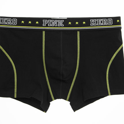 Black boxer briefs with 'Pink Hero' waistband on a white background