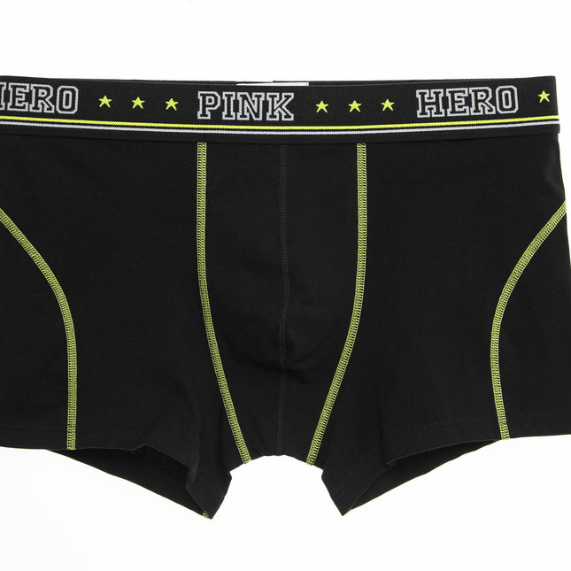 Black boxer briefs with 'Pink Hero' waistband on a white background