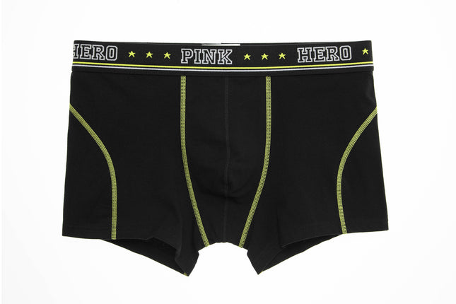 Black boxer briefs with 'Pink Hero' waistband on a white background