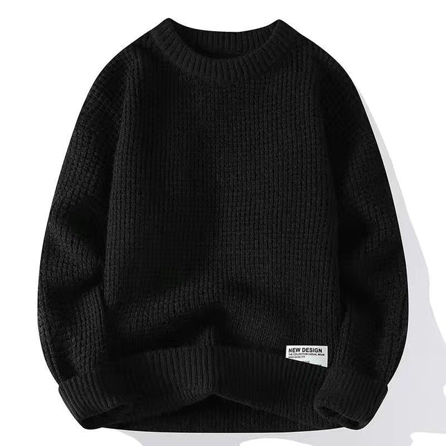 Loose black pullover sweater with textured fabric, long sleeves, and a 'New Design' label, ideal for autumn and winter fashion.