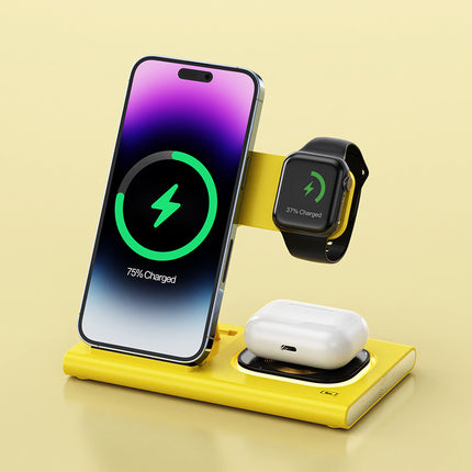 Yellow wireless charging stand with phone, watch, and earbuds on a beige background