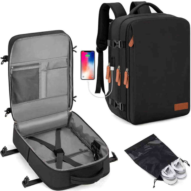 Black backpack with open compartment, smartphone, and shoe pouch on a white background