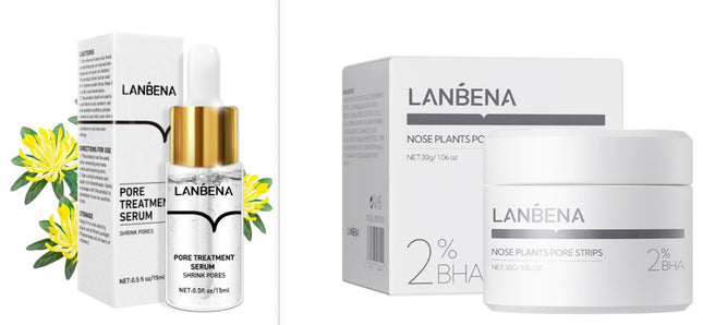 LANBENA skincare products including serum, cream, and strips on a white background