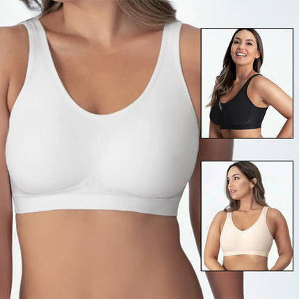 White sports bra worn by a model with inset images of a woman wearing black and beige bras.