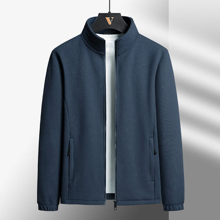 Blue jacket on a hanger against a white background