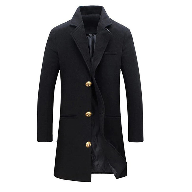 Black coat with gold buttons on a white background