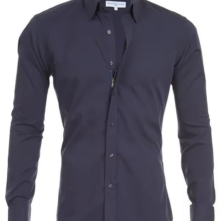 Navy blue dress shirt on a white background