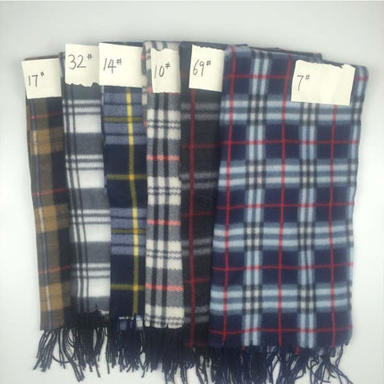 Set of plaid scarves with size labels on a white background