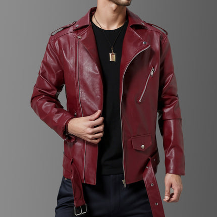 Red leather jacket worn by a person on a gray background