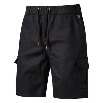 Black cargo shorts with drawstring on a white background
