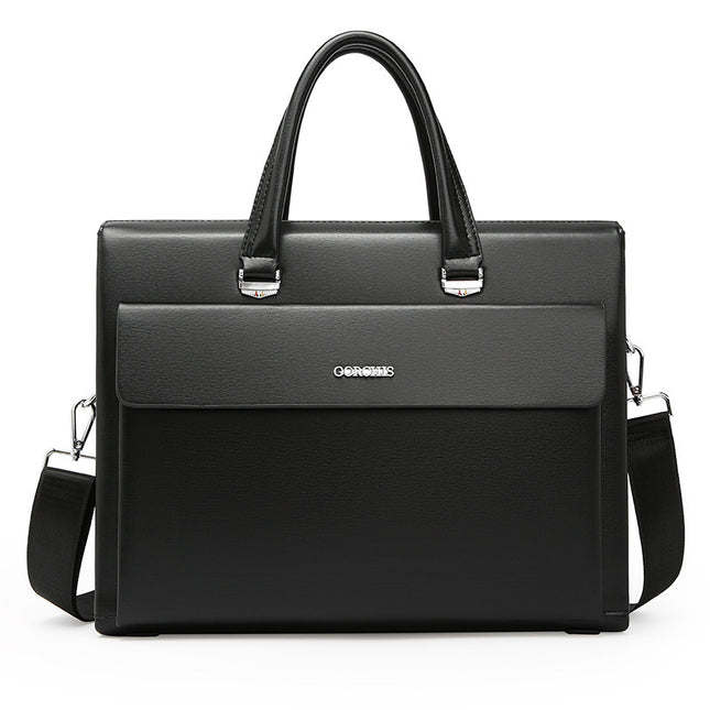Black briefcase with shoulder strap on a white background