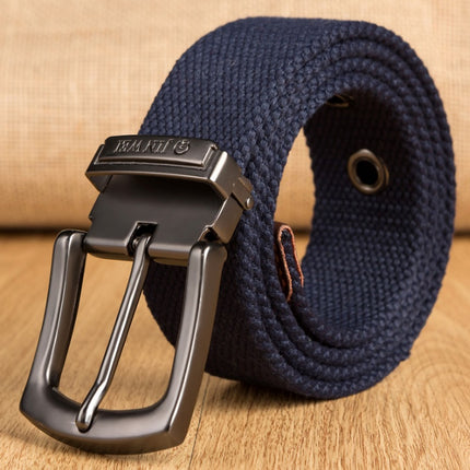 Navy blue belt with a black buckle on a wooden surface