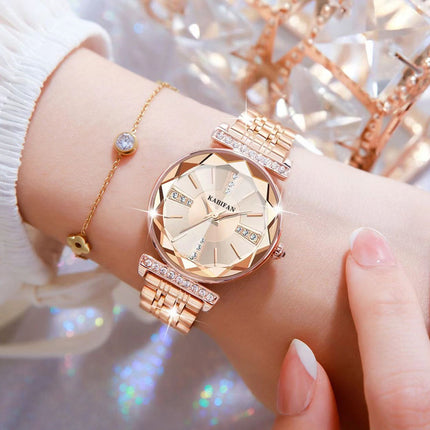 Girl wearing a women’s diamond mirror steel watch with stainless steel strap and elegant round dial, stylish wrist accessory.