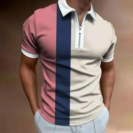 Color-blocked polo shirt with pink, blue, and beige sections on a blurred background