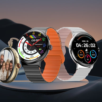 Four different smartwatches with various designs and features on a gradient background