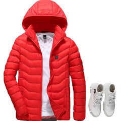 Red puffer jacket with a white shirt, white sneakers
