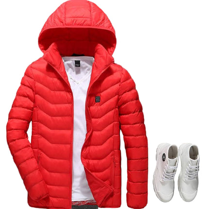 Red puffer jacket with a white shirt, white sneakers