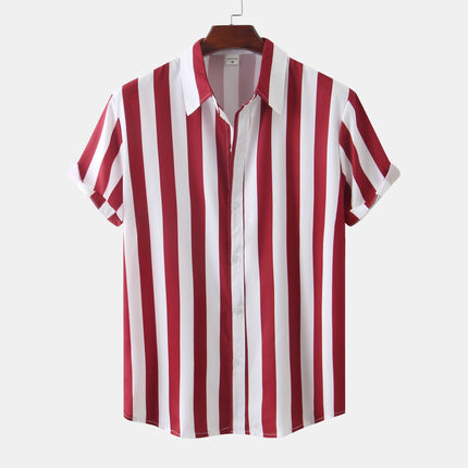 Red and white striped shirt on a hanger against a white background