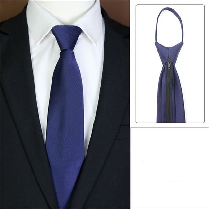 Blue tie with a zipper mechanism worn by a person, with an inset showing the tie's design.