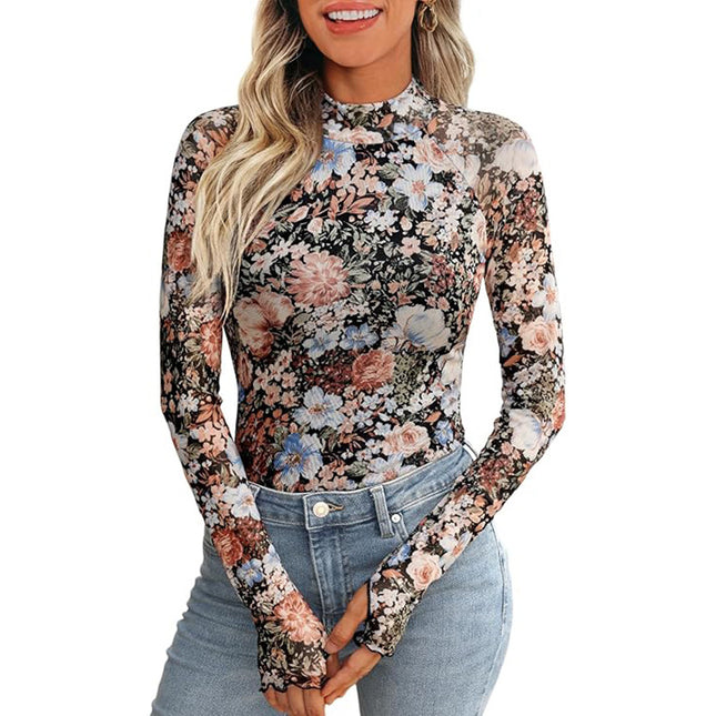 Woman wearing a floral long-sleeve top and jeans on a white background