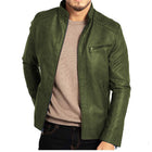 Green leather jacket worn by a person on a white background