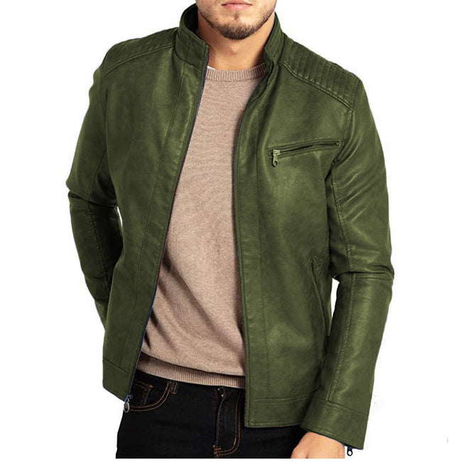 Green leather jacket worn by a person on a white background