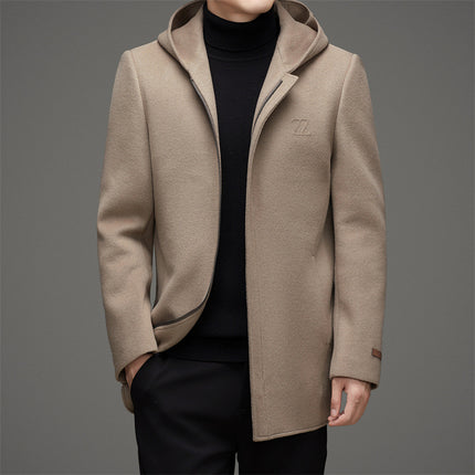 Beige hooded coat with a brand logo on a gray background