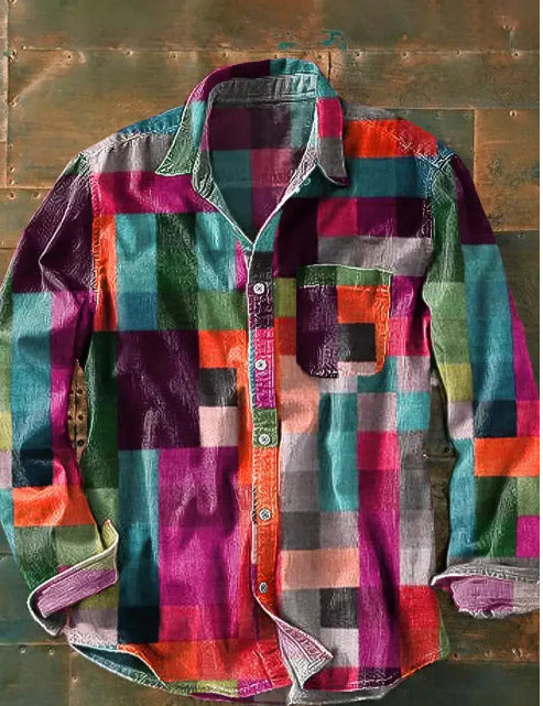 Colorful plaid shirt on a textured wooden background