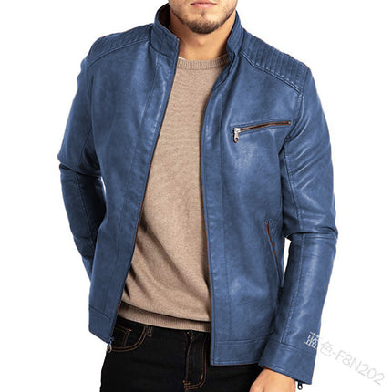 Blue leather jacket worn by a person on a white background
