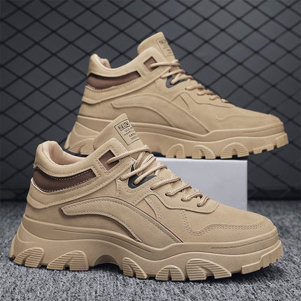 Beige sneakers with brown accents on a dark grid background
