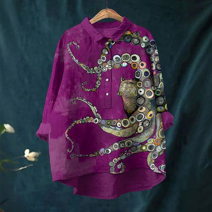 Purple shirt with decorative button design on a dark background