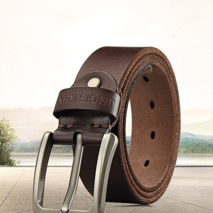 Brown leather belt with silver buckle on a blurred landscape background