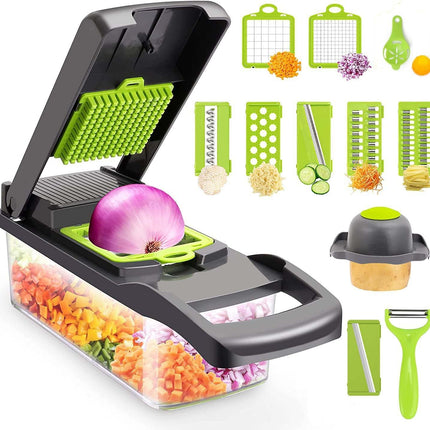 Multifunctional vegetable chopper with various attachments on a white background